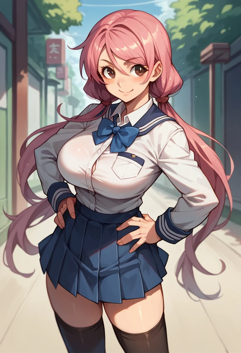 1girl, solo, (large breasts:1.3), hands on hips, cowboy shot, shinohara_katsumi_uniform, long hair, low twintails, blush, smile, furrowed brow, skirt, thighhighs, brown eyes, school uniform, pink hair, street