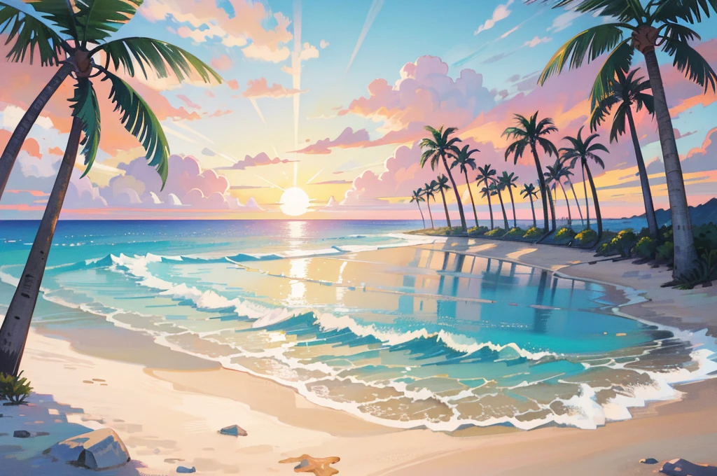 (masterpiece), Highest quality, Ultra-high resolution, Beautiful views, Detailed landscape, (Warm pastel colors), Beach, colorful Beach, Pink Sand, Palm tree, Ocean, sunset
