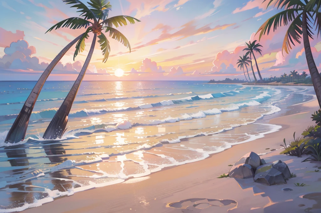 (masterpiece), Highest quality, Ultra-high resolution, Beautiful views, Detailed landscape, (Warm pastel colors), Beach, colorful Beach, Pink Sand, Palm tree, Ocean, sunset