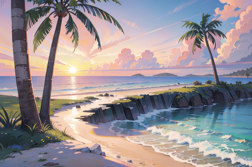 (masterpiece), Highest quality, Ultra-high resolution, Beautiful views, Detailed landscape, (Warm pastel colors), Beach, colorful Beach, Pink Sand, Palm tree, Ocean, sunset