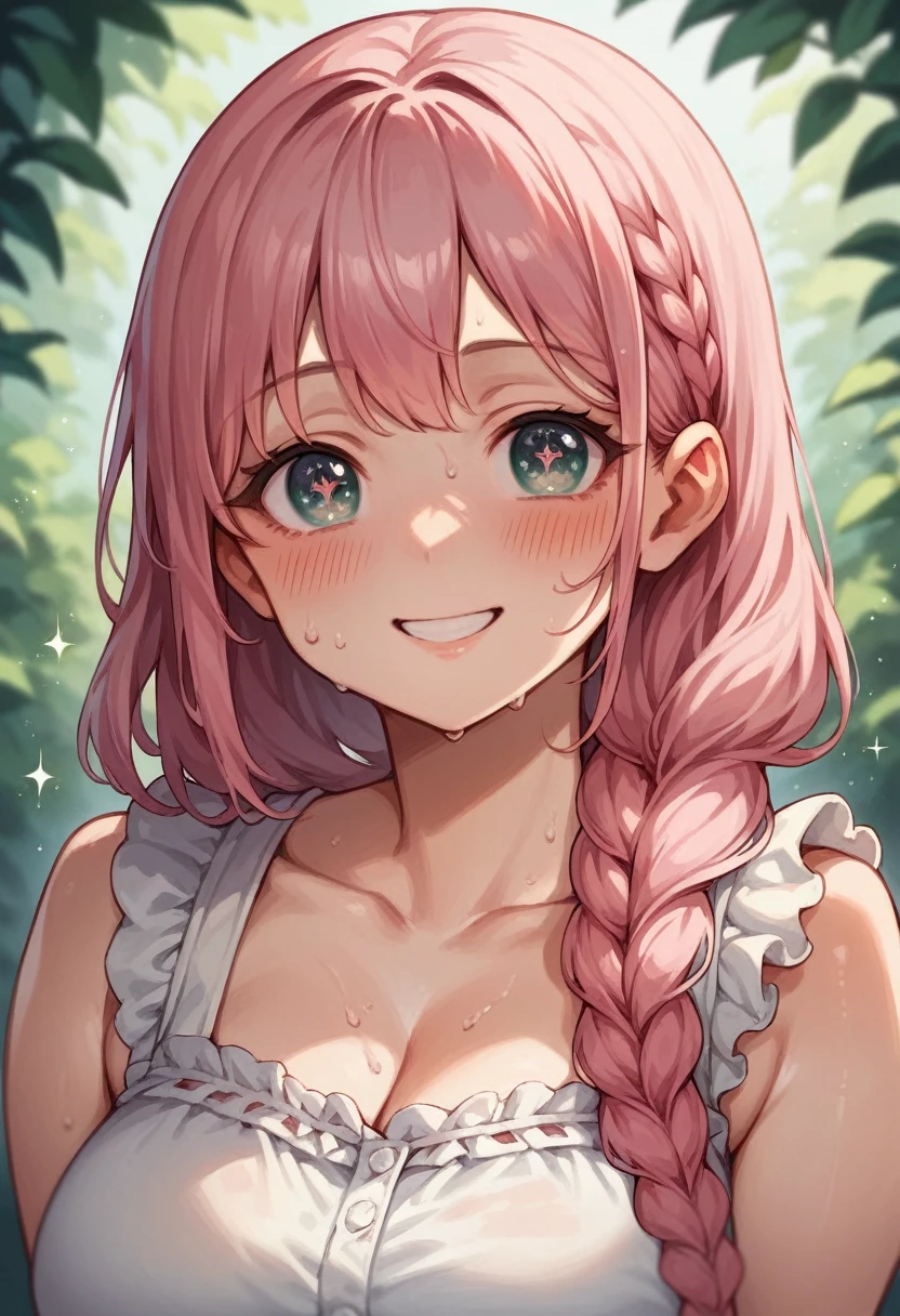 (High quality, High resolution, Fine details), Anime style, enjoying a  Ruffled blouse, solo, curvy women, braided pink hair, sparkling eyes, (Detailed eyes:1.2), (smile), blush, Sweat, Oily skin, (Focus on face), shallow depth of field, natural environment