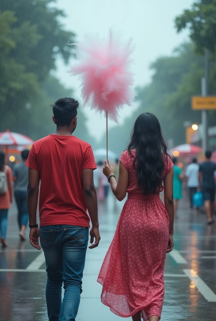 A boy age 27 south India from andhrapradesh wear jeans and t-shirt dusky skin and there was a girl age 25 north India from mumbai looks very modern she wears western dress looks very beautiful and active. Both them are walking on Mumbai streets suddenly they saw cotton candy cart.Full of clouds and raining.