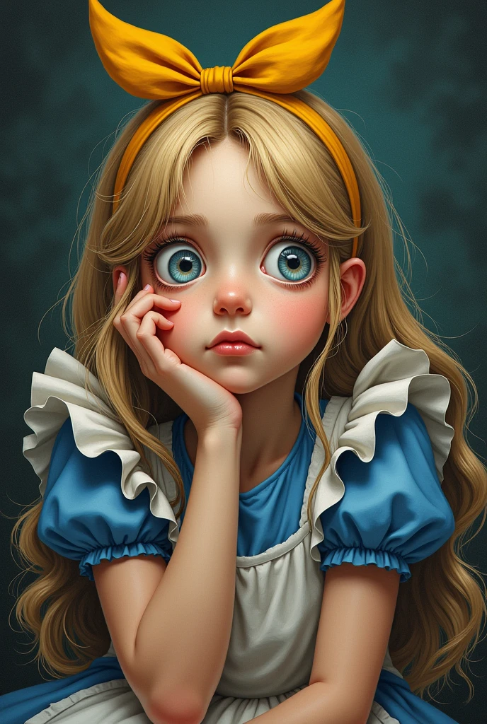 Draw a full-body portrait of Alice and all the characters in Alice in Wonderland to capture a moment of deep contemplation. Her expression should be a mixture of curiosity and a hint of unease, as if she is deeply questioning reality and her place in it. Her large eyes should be wide open, reflecting the surreal world around her. A smiling Cheshire cat, a clock, a playing card guard, inside the kingdom of Wonderland, etc. The lighting should be soft yet dramatic, casting gentle shadows that emphasise the depth of her thoughts. Her hair is slightly dishevelled, as if she has been on a long journey, and the iconic yellow headband is slightly slanted, adding to the sense that she is pensive. The colour palette is a mix of soft pastels and dark, introspective tones, creating a balance between innocence and the complexity of her thoughts.