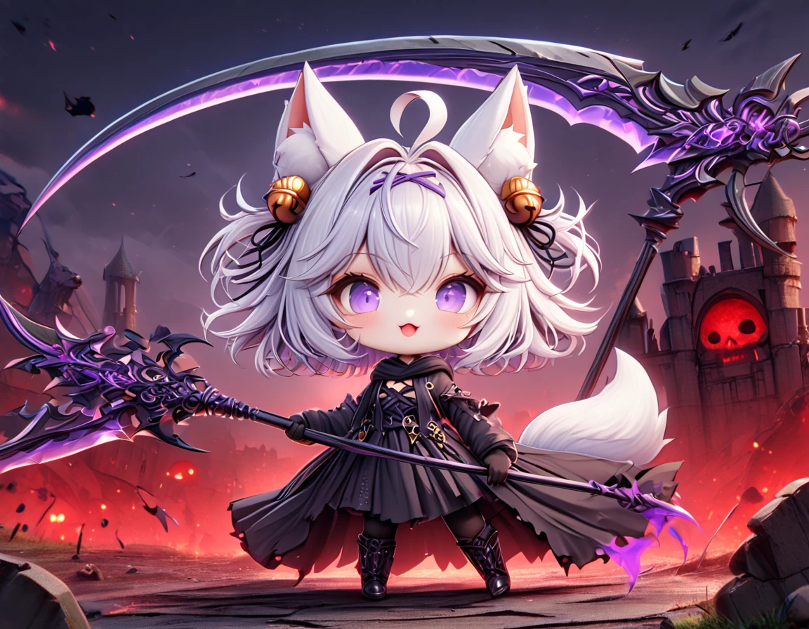 master piece, best quality, ultra-detailed, illustration, midnight, battlefield, gloomy atmosphere, broken castle, broken walls, ruins, purple flames, red moon,  1girl, solo, chibi, (big head), cute pose, front view, looking at viewer, ((full body Close up)), chubby, fat, filian, filianoverall, Filiansailor, ((white hair)) , short hair, shoulder length hair, fly-away hair, bangs, hairclip, purple hair ornament, cat ears, (hair bell:1.3) ahoge, purple eyes, open mouth, smiling, (white fluffy fox tail), (black tattered robe), long gown, black arm sleeves, black gloves, wielding scythe, black stockings, black boots