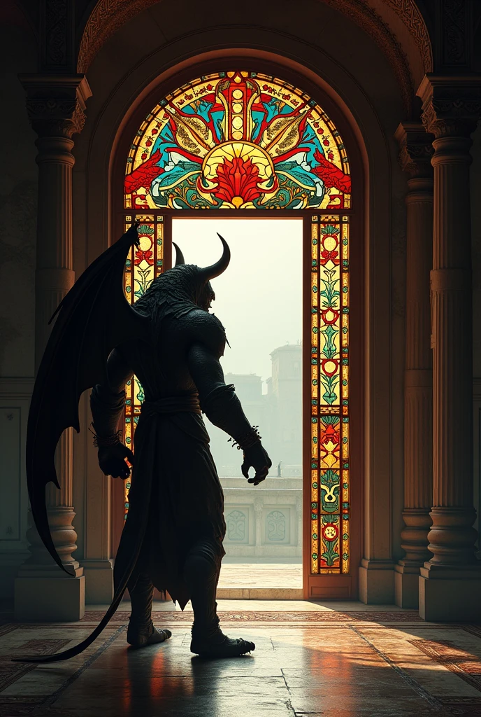 The stained glass door to another world is open inside the palace.、A vicious demon guards the door、High-detail images、Realistic texture、RAW Photos
