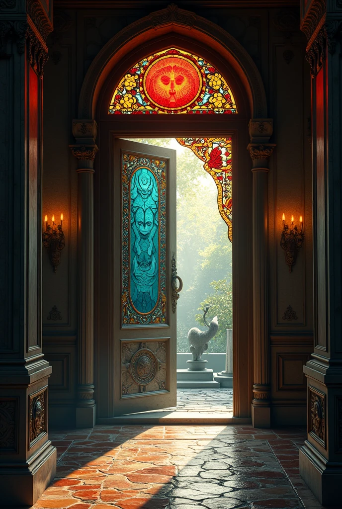 The stained glass door to another world is open inside the palace.、A vicious demon guards the door、High-detail images、Realistic texture、RAW Photos