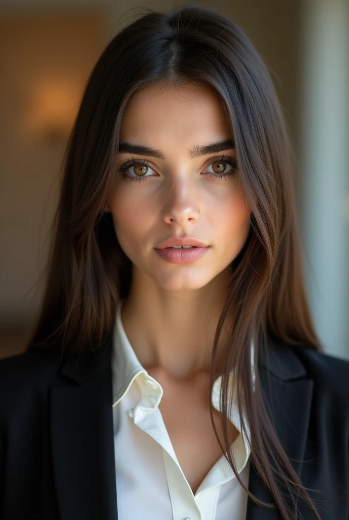 Front view image of a brunette girl with brown eyes, straight dark brown hair with formal clothes for a resume