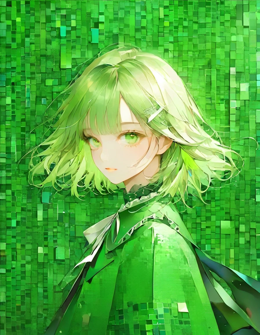 (digital art:0.2),(geometric art:1.7),(top-quality),(masterpiece)(1 girl),(girl holding the clear yellow-green gemstone),Delicately drawn face,girl with a pretty face,beautiful detailed green eyes,green and white ta fashion,((green and white costume)),white skirt,(Beautiful silky green hair:1.2),white ribbon hair ornament,Film Lighting,abstract,a beautiful artistic illustration,green geometric background,(green mosaic)
