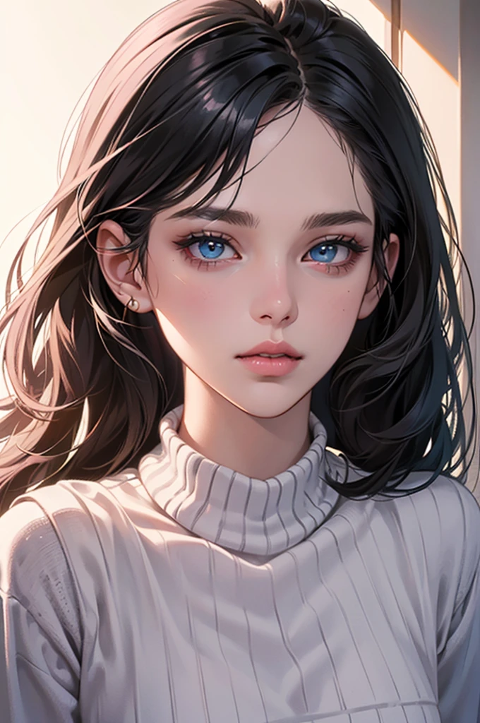 a girl with long straight gray black hair,beautiful detailed  blue eyes,beautiful detailed lips,extremely detailed face and features,pale white skin,pink lips,wearing a pink sweater,photorealistic,masterpiece,extremely detailed,intricate detail,ultra-realistic,sharp focus,best quality,highly detailed,cinematic lighting,warm color palette,natural lighting