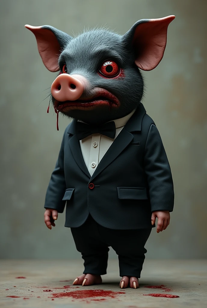 Black pig in formal clothes crying with one eye hit and bleeding from the mouth