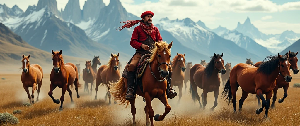Gaucho with red beret and red scarf riding with more wild horses in Torres del Paine