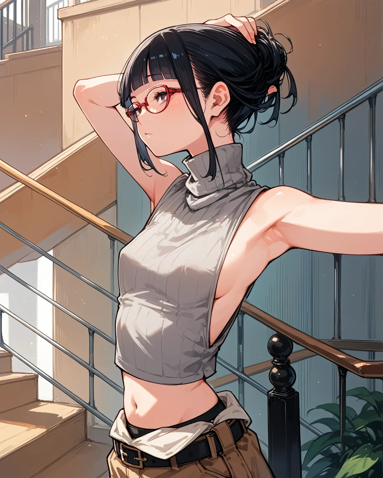 胸元が開いているSleeveless turtleneck,sexy,Flat Chest,Focus on your audience,Extremely thin body,Anime Style,Slender figure,delicate,Glasses,Asian woman in grey top and black pants posing on stairs, Sleeveless turtleneck_Doweled, 脇が大きく開いているSleeveless turtleneck_Roomy back design,rib cage,Sideboob,The shoulders are wide open,sexyなWearing a crop top, Photo of slim girl model, Chiho, T-Top, shikamimi, Wearing a crop top, Real life anime girls, Kurohime cut hair, Shashi, 2 4--old female model