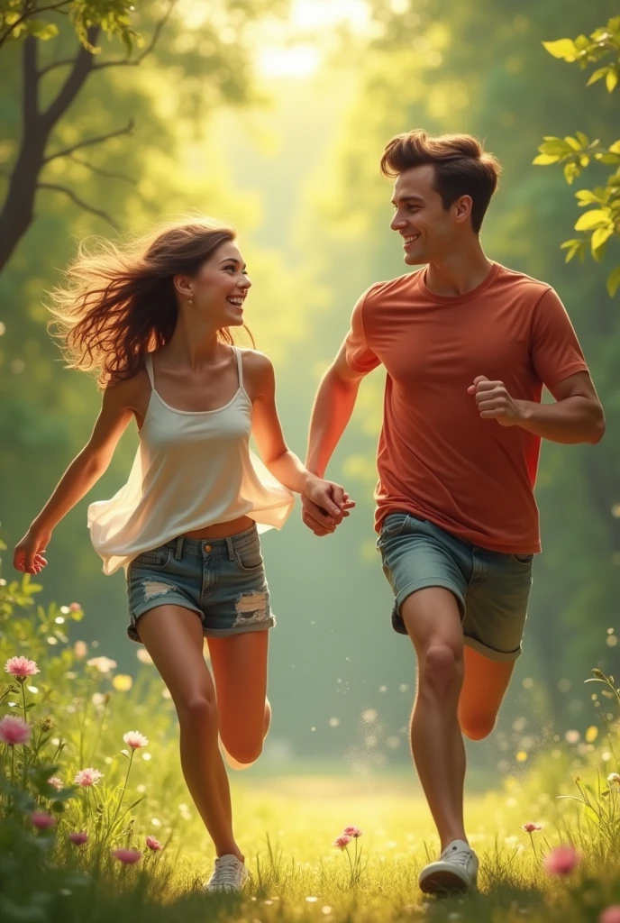 A high school couple hold hand, run and smile, the boy is handsome and the girl is flawless