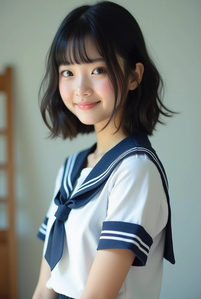 (Highest quality,masterpiece:1.3,Ultra-high resolution),(Very detailed、Caustics) (Realistic:1.4, RAW shooting、)Ultra-Realistic Capture、Very detailed、Natural skin texture、masterpiece、(junior high school sailor suit:1.3)、Short-sleeved sailor uniform、1 Japanese girl、Adorable expression、Expressions of happiness、18years old、Young Face、Amazingly beautiful、、straight、ShortHair、Black Hair、light makeup、Breasts so big that they almost burst、Bare arms、This photo was taken in a middle school classroom...、Shining thighs、Shooting from the side、A modest smile、An inviting gaze、The exact number of fingers on each hand、Cowboy Shot、