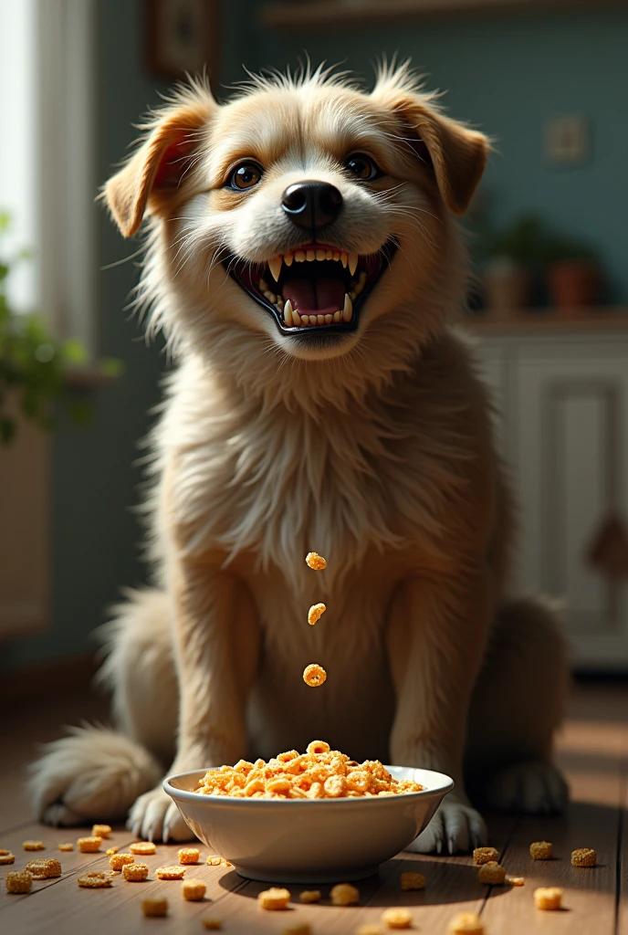 A dog eating cereal and with a scary smile