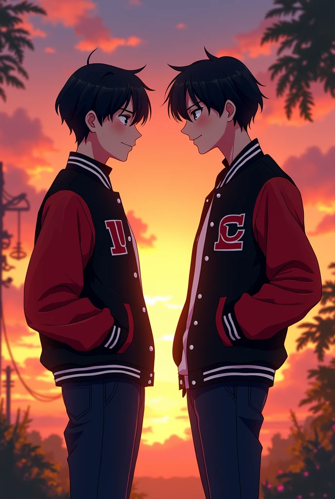The cover of a book.
Two teenage boys, dressed in dark blue suit-type trousers.
A black varsity jacket with red sleeves facing each other. The lines of the jacket are white except for the pockets..
Both with black hair.
One of the boys is a little shorter than the other.
In the background a sunset.