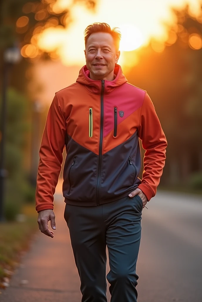 Elon Musk leaving his house early in the morning, with the first rays of the sun of the day falling on your face. He has a confident expression, inspired, creative and wearing a colorful practice outfit