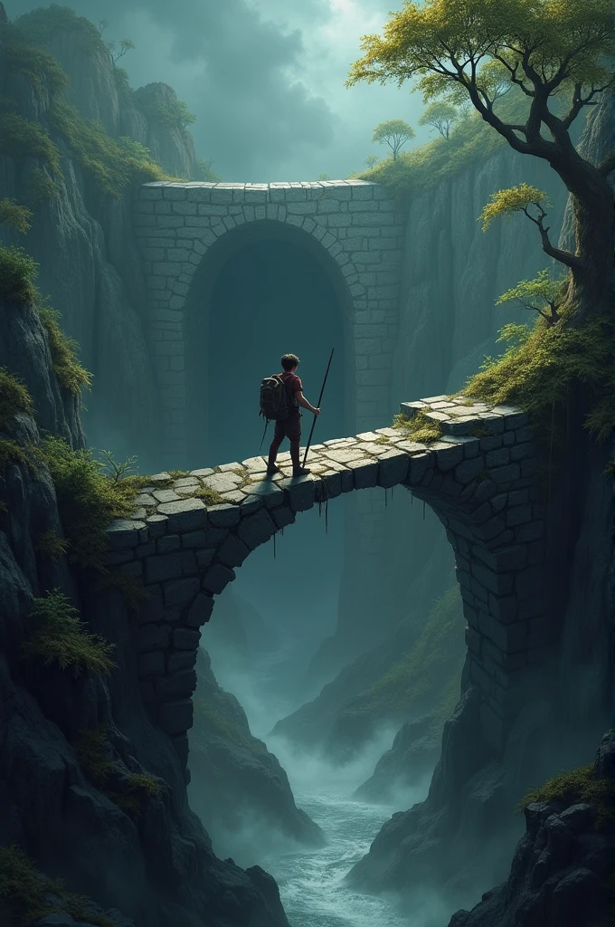 The young explorer stands on a narrow, crumbling stone bridge that stretches across a deep, shadowy chasm. Far below, jagged rocks and swirling mist create an ominous atmosphere. The bridge is ancient and weathered, with pieces missing, making the crossing treacherous. On the other side of the chasm, the path leads into a dark cave entrance, partially hidden by thick vines and glowing moss. The sky above is overcast, with dark clouds gathering, adding to the sense of danger and urgency as the explorer carefully makes his way across, determined to continue the journey despite the risks.