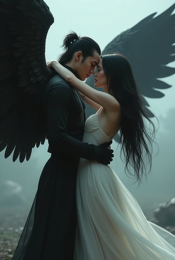 Create a highly detailed digital art piece depicting a dramatic and intense scene. The image should feature a handsome, tall, asian male, short mullet haircut, wearing a black outfit and has wings made of feathers. The wings should appear powerful and dynamic, enhancing the surreal and otherworldly feel of the scene. The male hugged a beautiful russian female figure with long, flowing black hair, dressed in a semi-transparent, ethereal white gown that suggests a blend of elegance and mystery. Her posture should be one of awe or slight trepidation as she gazes up at him. And he gazes down at her. The background should be moody and atmospheric, possibly with a hint of desolation or a war-torn landscape.