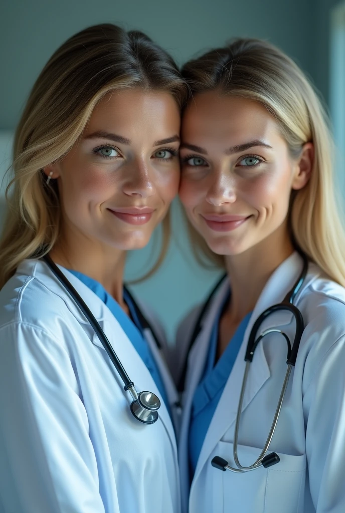 a beautiful couple of doctors, 40 years old, 's uniform, beautiful almond eyes, Delicate nose and lips, height 170 cm, weight 70kg, Realist, (best qualityer,4K,8k,high resolution,work of art:1.2),ultra detaild,(Realist,fotorRealista,foto-Realista:1.37),HDR,High definition,studio lighting,ultra-fine painting,sharp focus,Physically based rendering,extremely detailed description,proffesional,bright coloured,bokeh,Portrait INFO