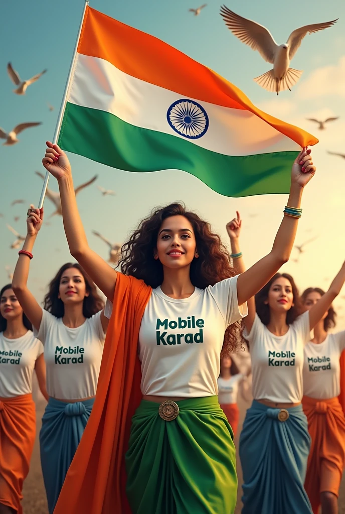 show Indian beautiful women hold Indian flag in hand , on his tshirt Ok Mobile Karad text in professional font, birds flying background
