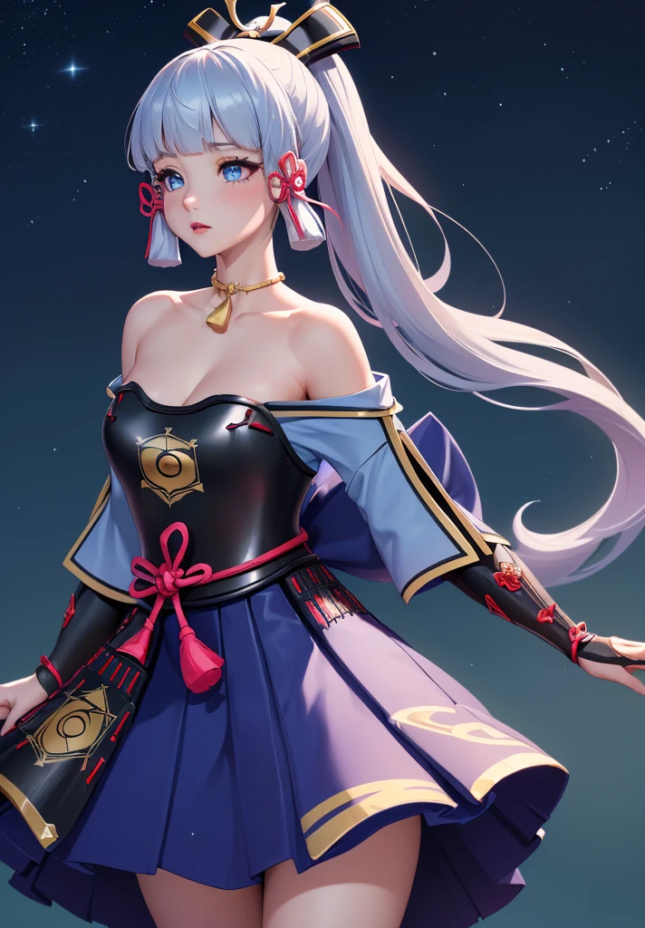 ((masterpiece)),(bestquality),((ultra-detailed)), ((beautiful detailed sky)), ((cinematic lighting)), depth of field, (dynamic angle),detailed lighting,((beautiful detailed eyes)), (night sky view), red lip, eyeshadow,large breast, cleavage, ((wearing tiny dress, off shoulders, bare hips)), ((kamisatoayakadef))