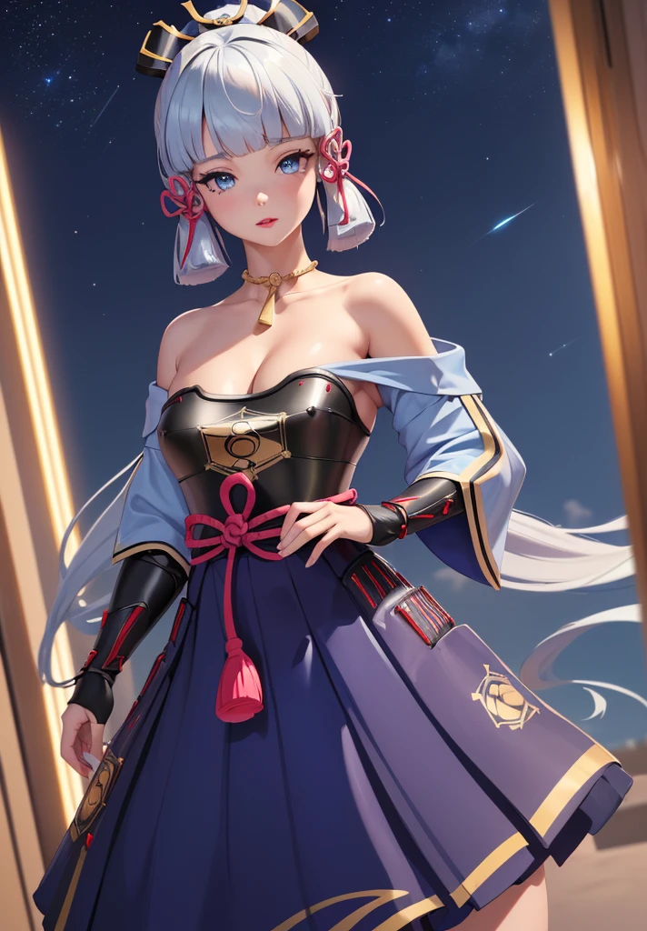 ((masterpiece)),(bestquality),((ultra-detailed)), ((beautiful detailed sky)), ((cinematic lighting)), depth of field, (dynamic angle),detailed lighting,((beautiful detailed eyes)), (night sky view), red lip, eyeshadow,large breast, cleavage, ((wearing tiny dress, off shoulders, bare hips)), ((kamisatoayakadef))