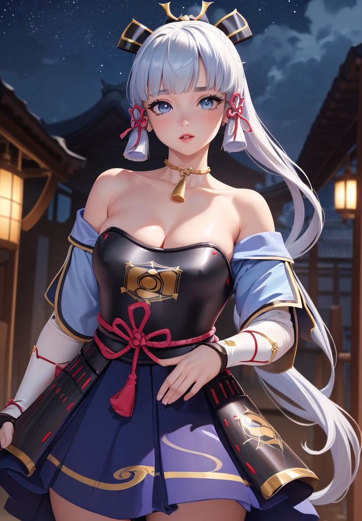 ((masterpiece)),(bestquality),((ultra-detailed)), ((beautiful detailed sky)), ((cinematic lighting)), depth of field, (dynamic angle),detailed lighting,((beautiful detailed eyes)), (night sky view), red lip, eyeshadow,large breast, cleavage, ((wearing tiny dress, off shoulders, bare hips)), ((kamisatoayakadef))