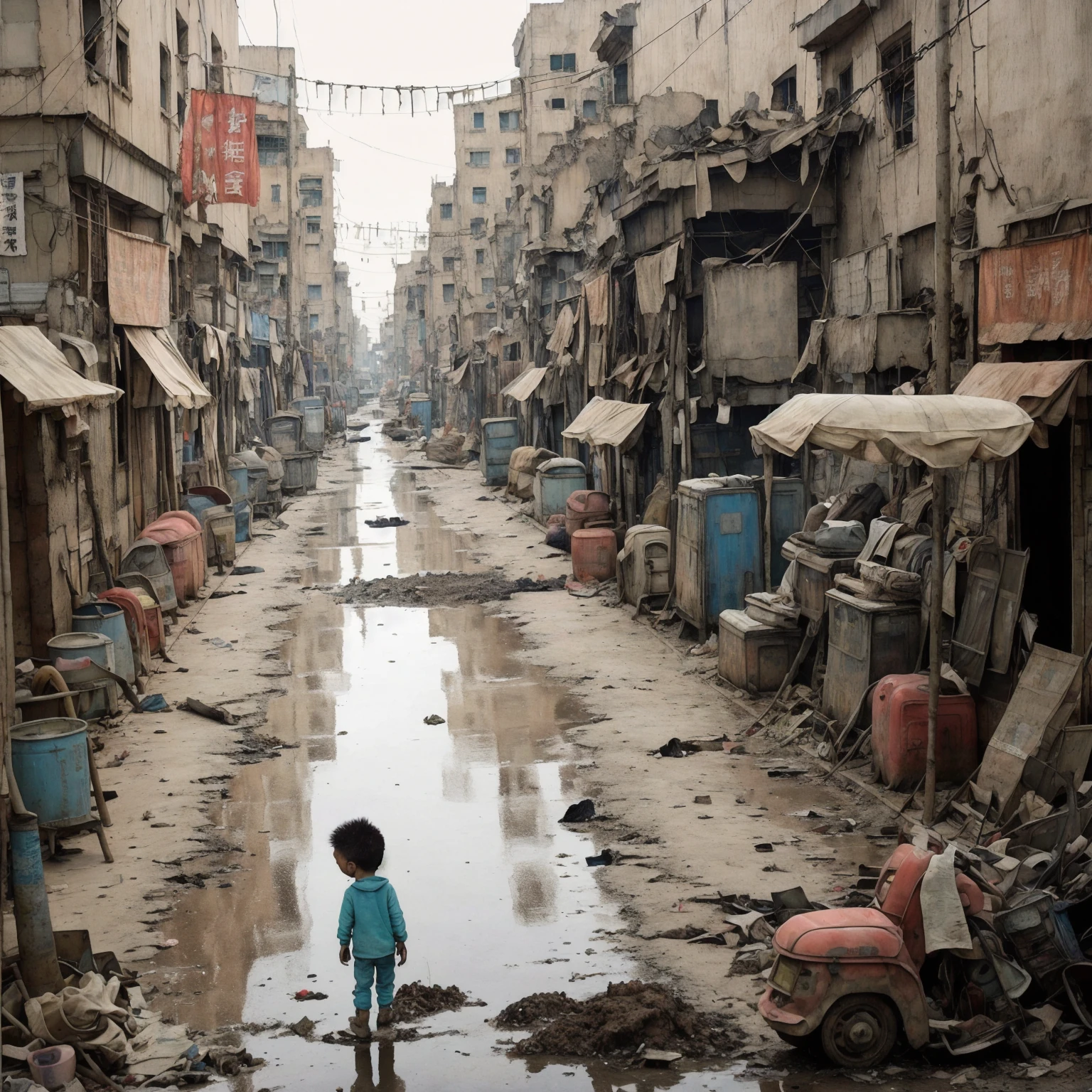 masterpiece,Highest quality,Tonghua Town,Outdoor,Unsanitary and abandoned city、ruins、sewage、Dirty shop、Crumbling hospital、street vendors、Poor person々、Blame me people