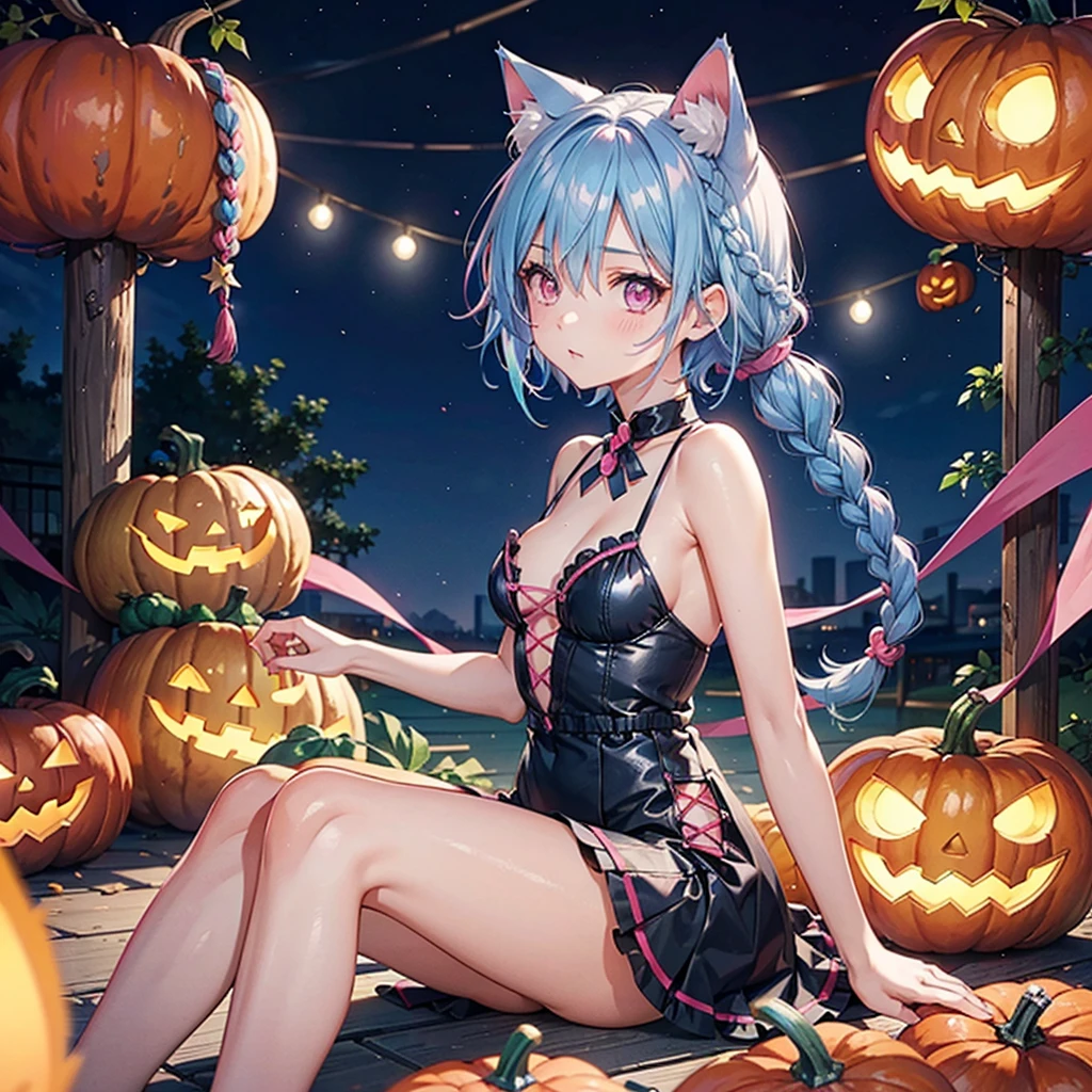 (Sky blue hair),(Braided short hair), (Pink Eyes),Fair skin) ,(whole body),(One Girl),(There are lots of pumpkin ghosts in the background),Cat ear,Cat's Tail,(Sailor suit),(Bruises and ugly faces),(Fall into Darkness),If you don't give me sweets, I'll play a prank on you.),(Halloween Night Party),(masterpiece, Highest quality, Very detailed, Best Shadow), (Detailed Background), (Beautifully detailed face), High Contrast, (Best lighting, Very delicate and beautiful), ((Cinematic Light)), Hyper Detail,8k, Dramatic Light, Intricate details,night,(Bats flying in the background),High quality