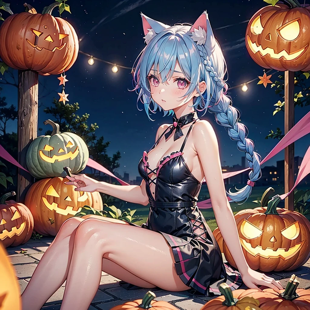 (Sky blue hair),(Braided short hair), (Pink Eyes),Fair skin) ,(whole body),(One Girl),(There are lots of pumpkin ghosts in the background),Cat ear,Cat&#39;s Tail,(Sailor suit),(Bruises and ugly faces),(Fall into Darkness),If you don't give me sweets, I'll play a prank on you.),(Halloween Night Party),(masterpiece, Highest quality, Very detailed, Best Shadow), (Detailed Background), (Beautifully detailed face), High Contrast, (Best lighting, Very delicate and beautiful), ((Cinematic Light)), Hyper Detail,8k, Dramatic Light, Intricate details,night,(Bats flying in the background),High quality