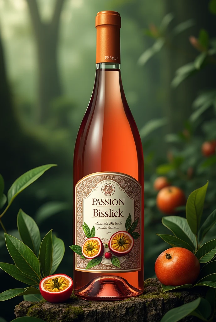 Create a label for a passion fruit wine that says Passion Bisslick by Miranda Bisslick as the title, that looks delicate, sexy and fine and with the chinola fruit in the rainforest