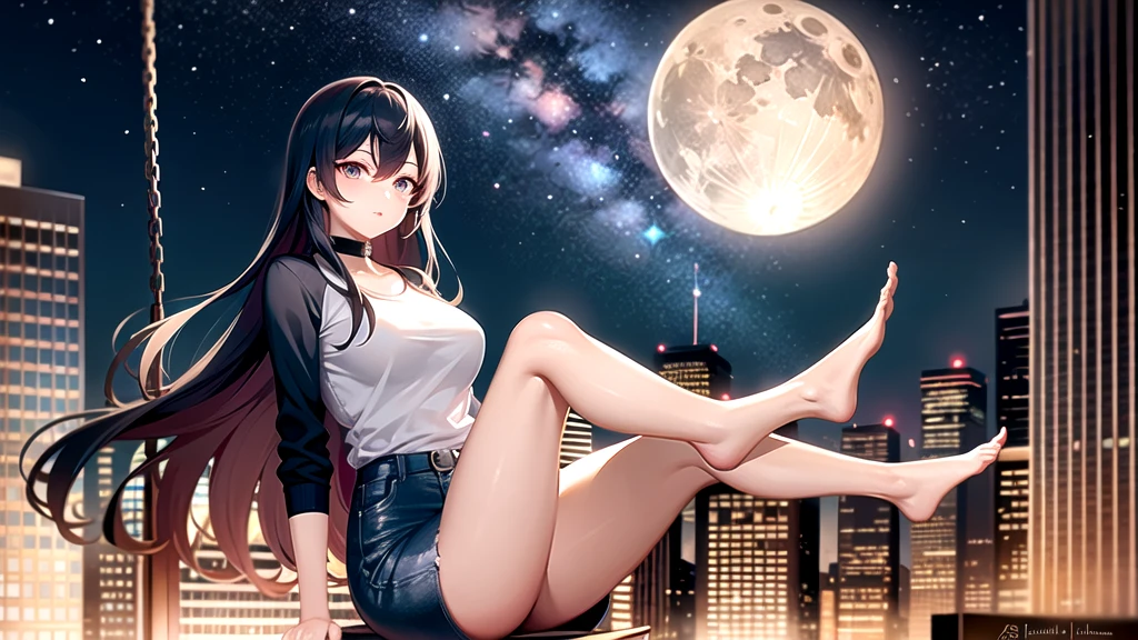 best quality, Ultra-fine, 16K, Ridiculous, Very detailed, Beautiful woman sitting on a swing suspended between two skyscrapers, Stare into the distance, Wearing a long, loose T-shirt, Attractive appearance, Wind, Wind-effect, Moon night scene, (Magnificent views:1.1) , Clock Punk