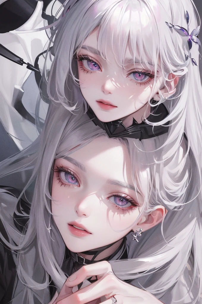 masterpiece, best quality, night, Full Moon, A girl, Mature woman, A pitying gaze, Silver-white hair woman, Light pink lips, calm, clever, Three bands,Precise gray pupils, Sad Assassin, Short knife, Flower ball background, Hand details, Finger details, Facial details, Eye details,
