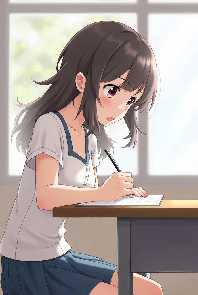 1girl,downblouse, munechira, studying, desk, she is 15yo,small bast, flat chest, wave hair, leaning forward,  looking down, open-chest camisole ,close up,  small breasts::, small ,in school, view from aside,