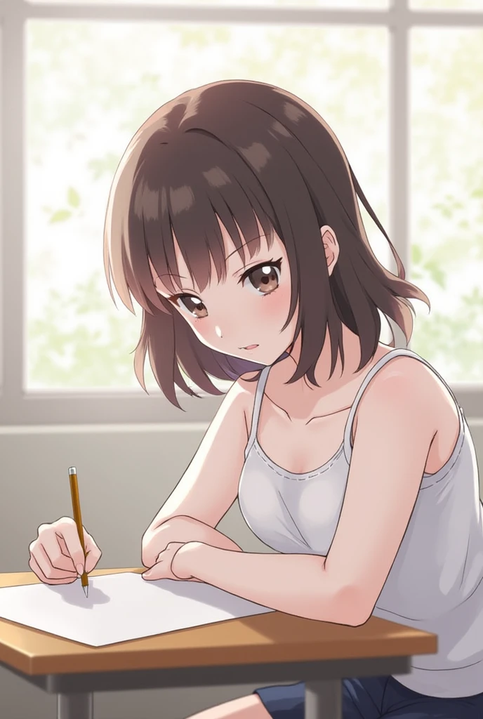 1girl,downblouse, munechira, studying, desk, she is 15yo,small bast, flat chest, wave hair, leaning forward,  looking down, open-chest camisole ,close up,  small breasts::, small ,in school, view from aside,