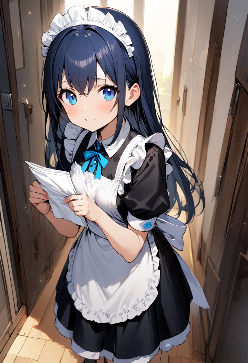 (((1girl))), ((little girl)), ((teenage)), ((young girl)), ((young age)), (('s old)), whole body, shout, medium breasts, ((maid apron)), (((straight hair))), (long hair), midnight blue hair, blue eyes, tareme, smile, Distributing papers, Handing out papers, maid, maid headdress, from above, masterpiece, best quality, high details, anatomically correct, high quality