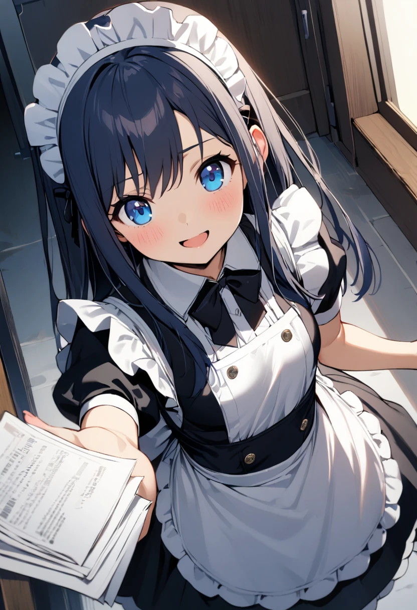 (((1girl))), (()), ((teenage)), ung girl)), ((young age)), ((16 year's old)), whole body, shout, medium breasts, ((maid apron)), (((straight hair))), (long hair), midnight blue hair, blue eyes, tareme, smile, Distributing papers, Handing out papers, maid, maid headdress, from above, masterpiece, best quality, high details, anatomically correct, high quality