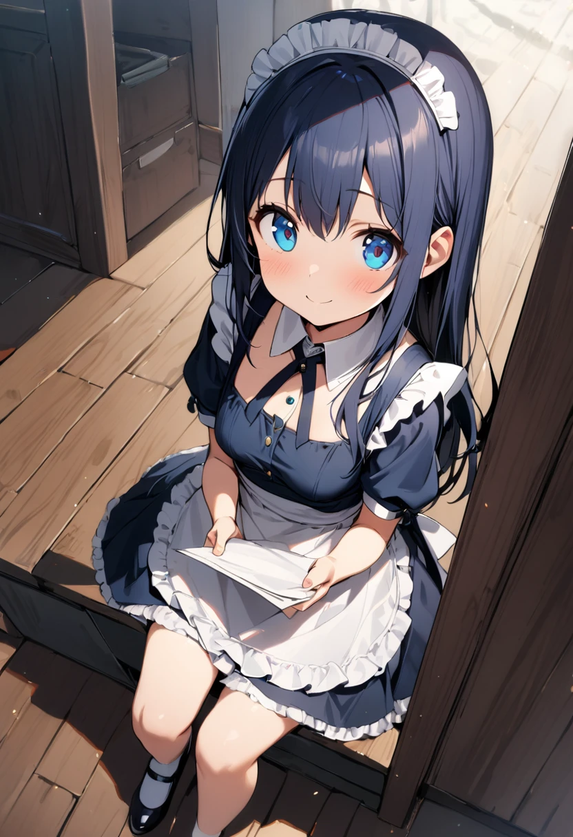 (((1girl))), (()), ((teenage)), ung girl)), ((young age)), ((16 year's old)), whole body, shout, medium breasts, ((maid apron)), (((straight hair))), (long hair), midnight blue hair, blue eyes, tareme, smile, Distributing papers, Handing out papers, maid, maid headdress, from above, masterpiece, best quality, high details, anatomically correct, high quality