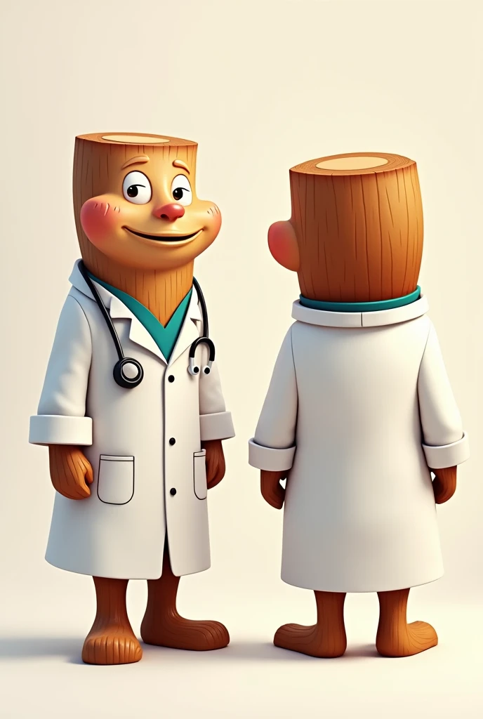 2D image The doctor mascot is a log wearing a medical gown, a stethoscope, twinkling eyes, and a round head. Please provide a front and back view.