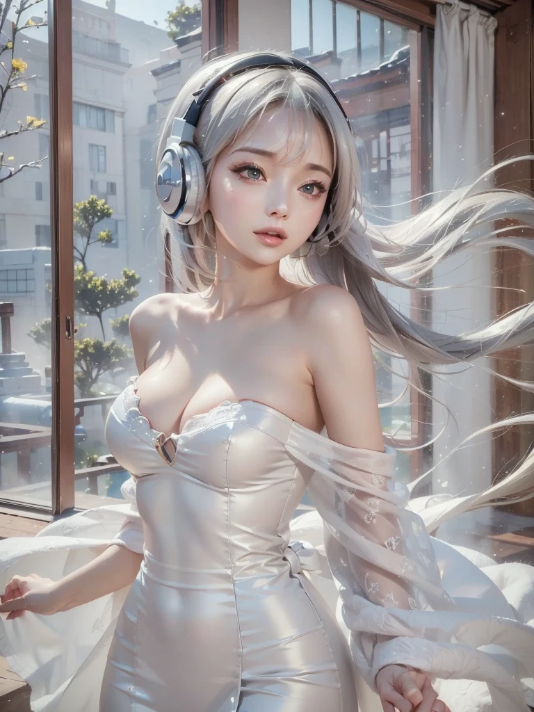 ((face, style)).((masterpiece:1.5))((alone、Woman wearing giant headphones:1.5、Detailed face、Big Eyes、Bright expression、small breasts, cleavage、Best Looks、Ultimate beauty、Shiny silver hair with highlights、明るい and shiny hair,、Modern Hairstyles、Hair dancing in the wind))(morning、indoors)Please look away from here、Beautiful profile、winter, IncrsHeadphones
