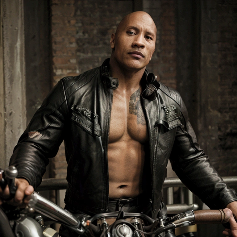 th3r0ck, riding motorcycle, Black Leather Jacket, downtown, wide shot, 