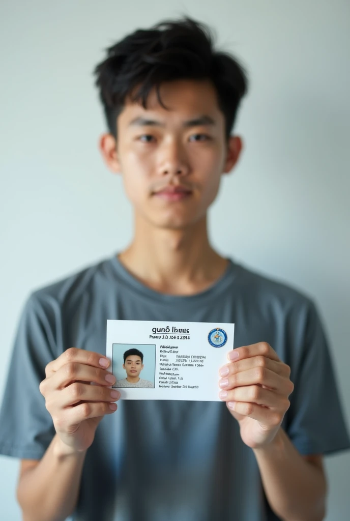 An Asian teenager boy holding a photo id with his full information in it