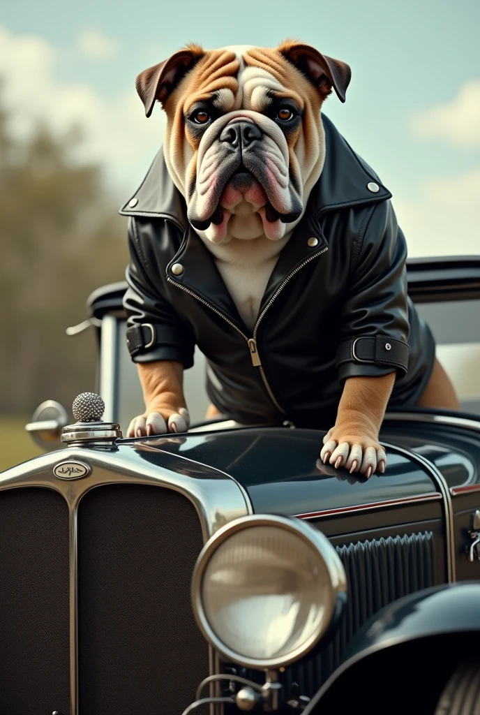 English bulldog wearing a black leather jacket and riding on an antique car
