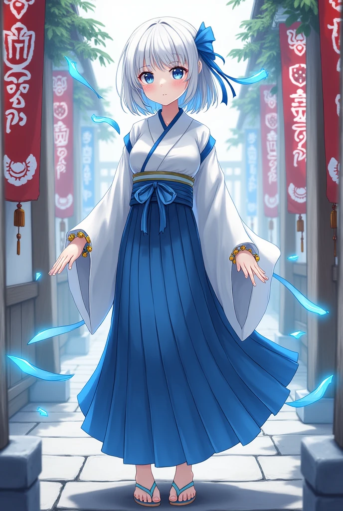 She has shoulder-length white hair with blue tips and is wearing a blue hakama and a shrine maiden outfit. She has beautiful sky-blue eyes. She has a blue and light blue ribbon bracelet with bells. She has sandals with light blue straps. Tanabata decorations are in the background.