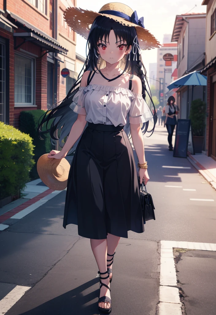 Suzune Horikita, suzune horikita, Long Hair, Black Hair, (Red eyes:1.3), Hair Ribbon, Braiding,Straw hat,Cold Shoulder Shirt,Short sleeve,Long skirt,Cute heeled sandals,Walking,whole bodyがイラストに入るように,
break outdoors, Building district,
break looking at viewer, whole body,
break (masterpiece:1.2), Highest quality, High resolution, unity 8k wallpaper, (figure:0.8), (Beautiful attention to detail:1.6), Highly detailed face, Perfect lighting, Highly detailed CG, (Perfect hands, Perfect Anatomy),