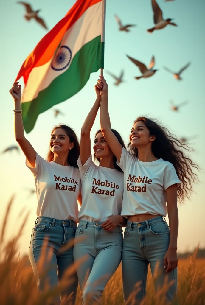 show Indian beautiful women hold Indian flag in hand , on his tshirt Ok Mobile Karad text in professional font, birds flying background 