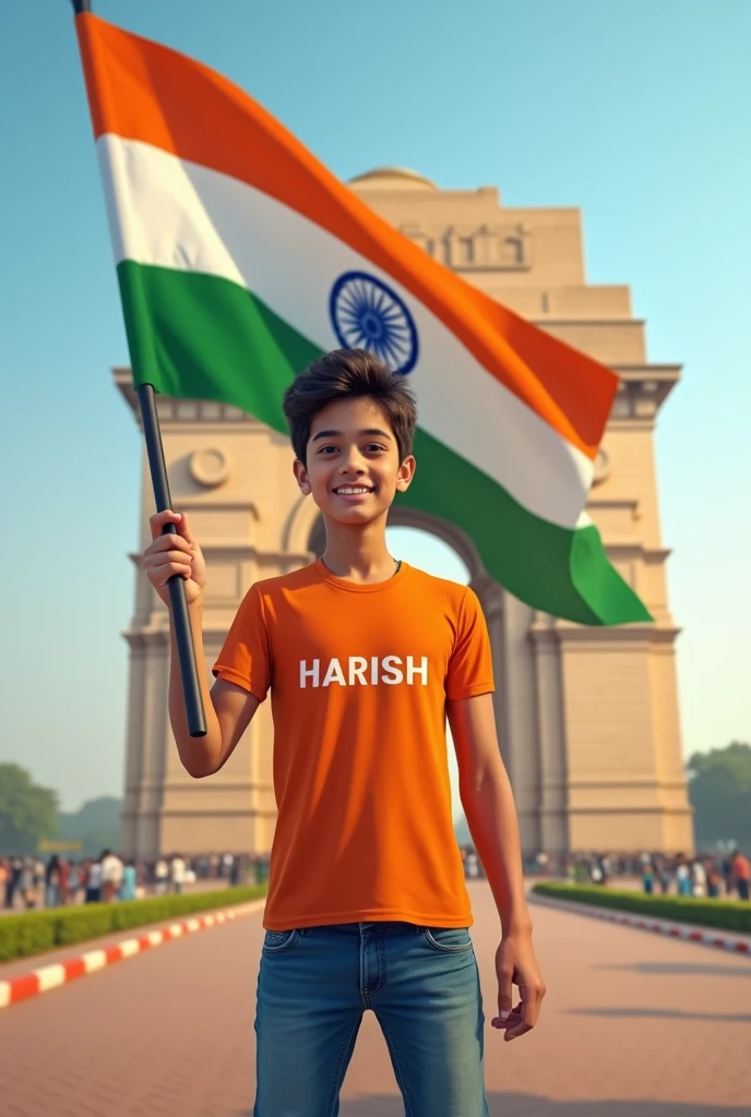 A real 20 years old boy, Wearing Orange T shirt blue jeans sneakers and the name "Harish" is written on his t-shirt and the boy is standing on the road with holding a national flag of India, and behind him is the India gate Delhi. And "Ravindar"Independence Day 2024" written at above sky Create Realistic image high quality.