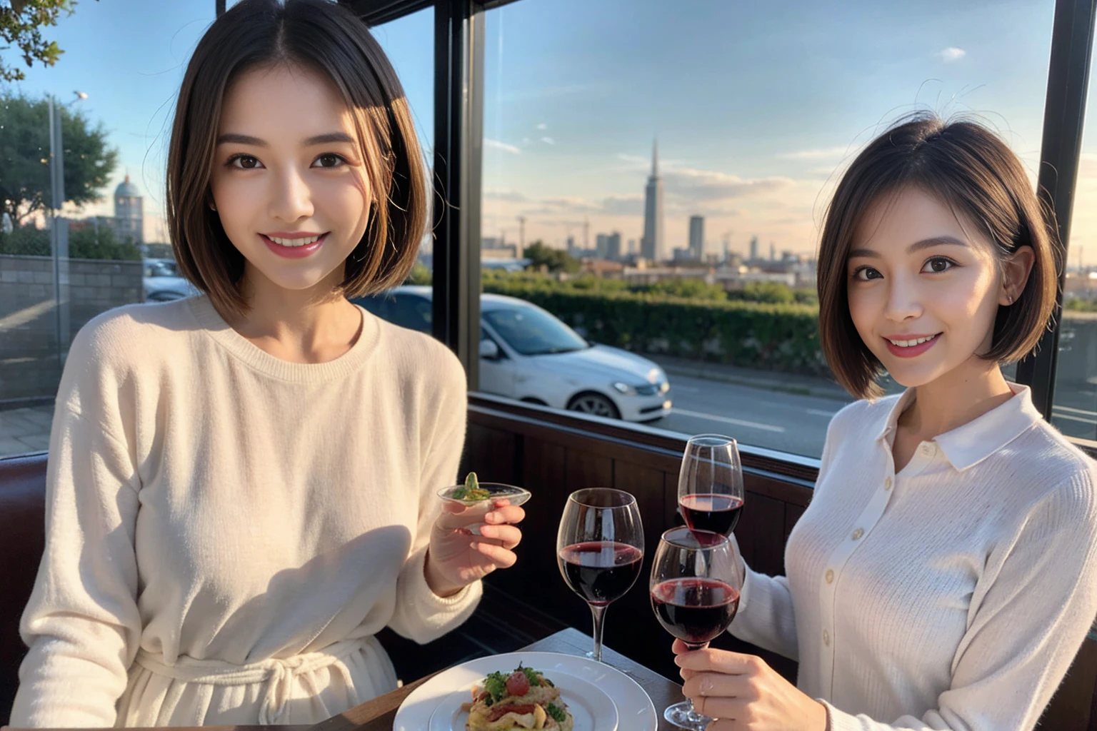 (Realistic:1.1),(masterpiece,Highest quality),8k,(49 years old), 53 years old, ベリーslimボディ、slimカップル、Tight waist,Upper Body,full-course dinner、wine 、Amazing view of the sunset sky and clouds、Perfect Anatomy, Brown Hair, short hair,Random Hairstyles,((Highly detailed face and eyes:1.2)),Perfect golden ratio face,Long sleeve shirt、dress,(smile:1.2)、Shortcuts、cute、(Realistic, Intricate details:1.2), A bright smile、short hair,Bright Face、赤wine 、Appetizers、Italian food、wine bottle、Champagne、スパークリングwine、(slimな顔), (The body is slim), (Brown Hair), (Shortcuts), Upper Body, 白wine, slim, wineグラス,