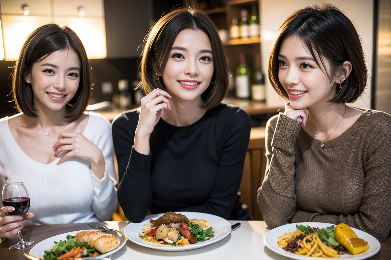 (Realistic:1.1),(masterpiece,Highest quality),8k,(49 years old), 53 years old, ベリーslimボディ、slimカップル、Tight waist,Upper Body,full-course dinner、wine 、Amazing view of the sunset sky and clouds、Perfect Anatomy, Brown Hair, short hair,Random Hairstyles,((Highly detailed face and eyes:1.2)),Perfect golden ratio face,Long sleeve shirt、dress,(smile:1.2)、Shortcuts、cute、(Realistic, Intricate details:1.2), A bright smile、short hair,Bright Face、赤wine 、Appetizers、Italian food、wine bottle、Champagne、スパークリングwine、(slimな顔), (The body is slim), (Brown Hair), (Shortcuts), Upper Body, 白wine, slim, wineグラス,